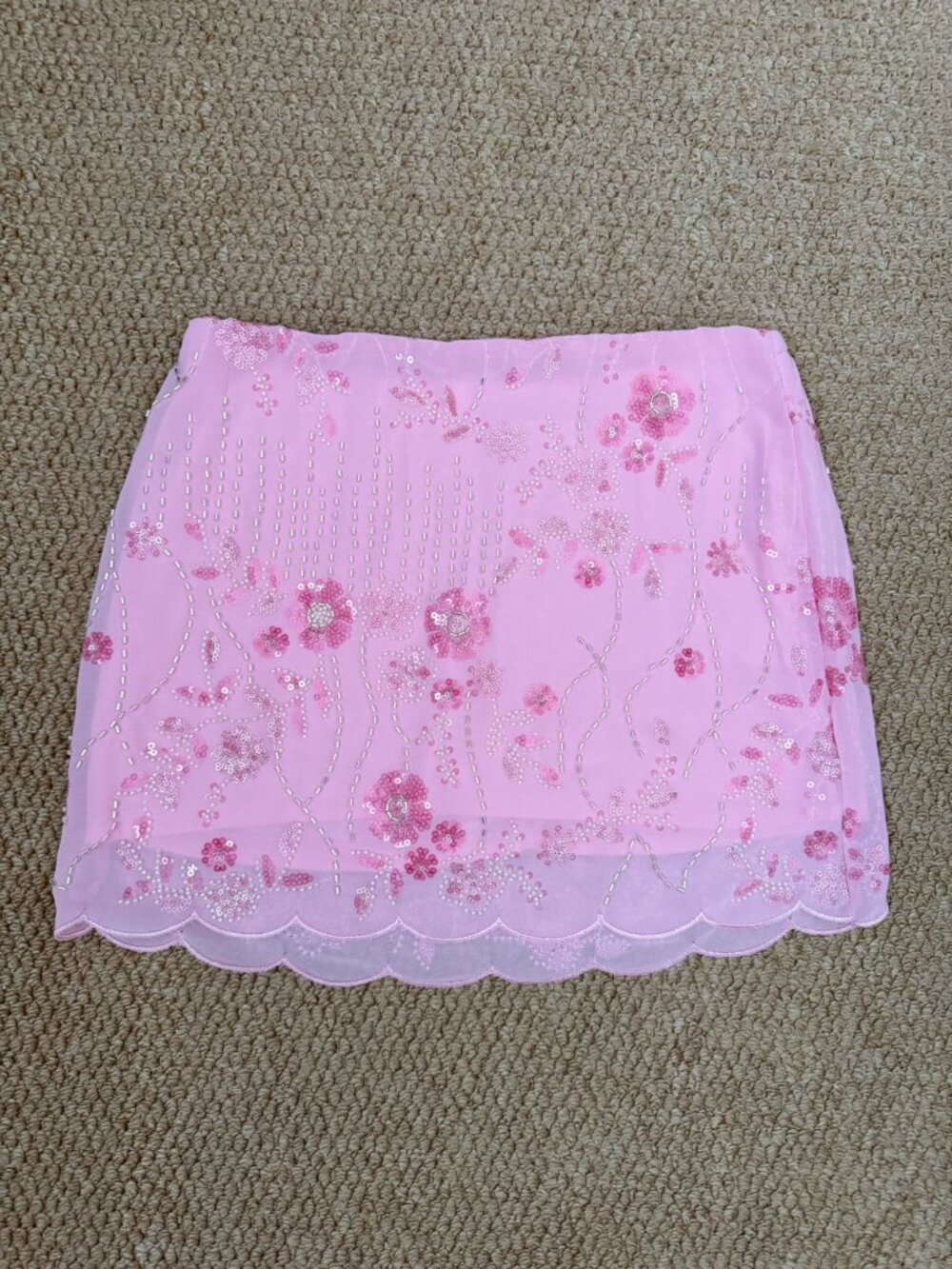 THIRTY THIRTY Pink Beaded Sequin Floral Embellished Mesh Mini Skirt M